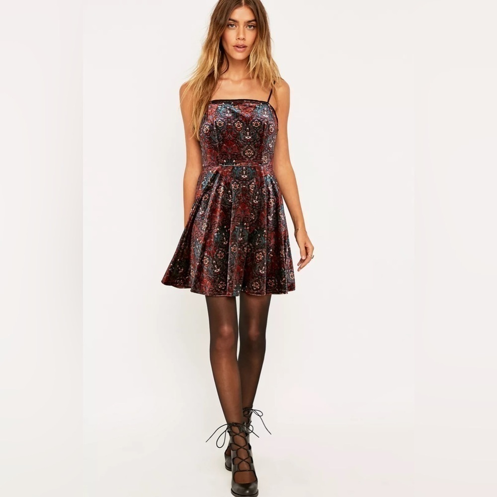 Urban Outfitters Ecote LACE-UP Boho Print Velvet FIT & FLARE Dress Black S